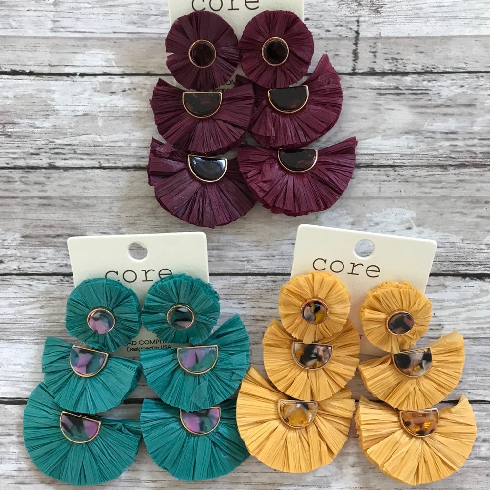 STATEMENT EARRINGS MUSTARD YELLOW RAFFIA 3” FALL - Picture 4 of 4